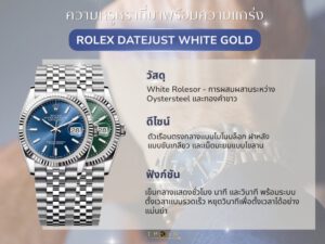 เจาะลึกความพิเศษของ Rolex Datejust White Gold พร้อมตารางเปรียบเทียบสเปกและมูลค่าการลงทุน เพื่อการตัดสินใจซื้อนาฬิกาหรูที่คุ้มค่า